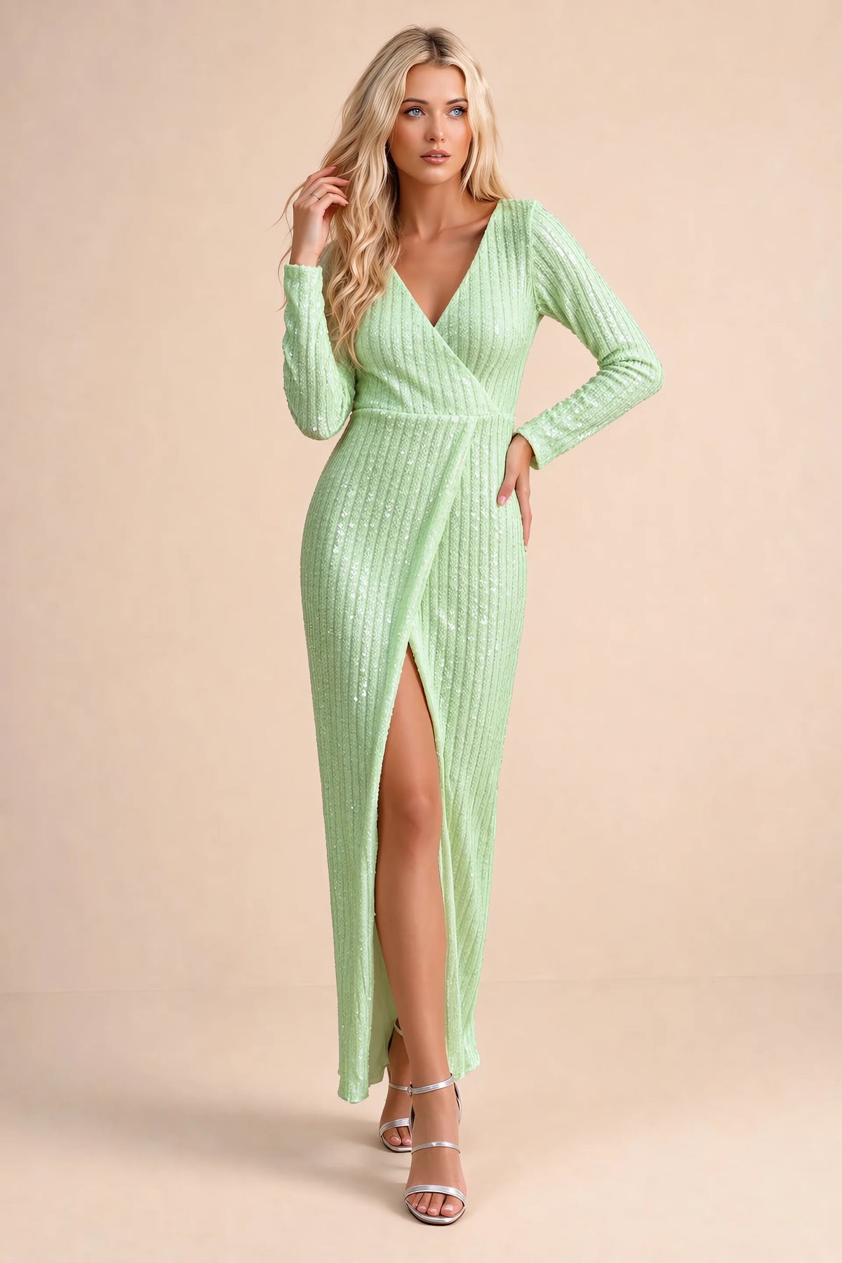 Alternate front studio view of Valeria light green long sleeve V-neck slit maxi dress with a long straight skirt