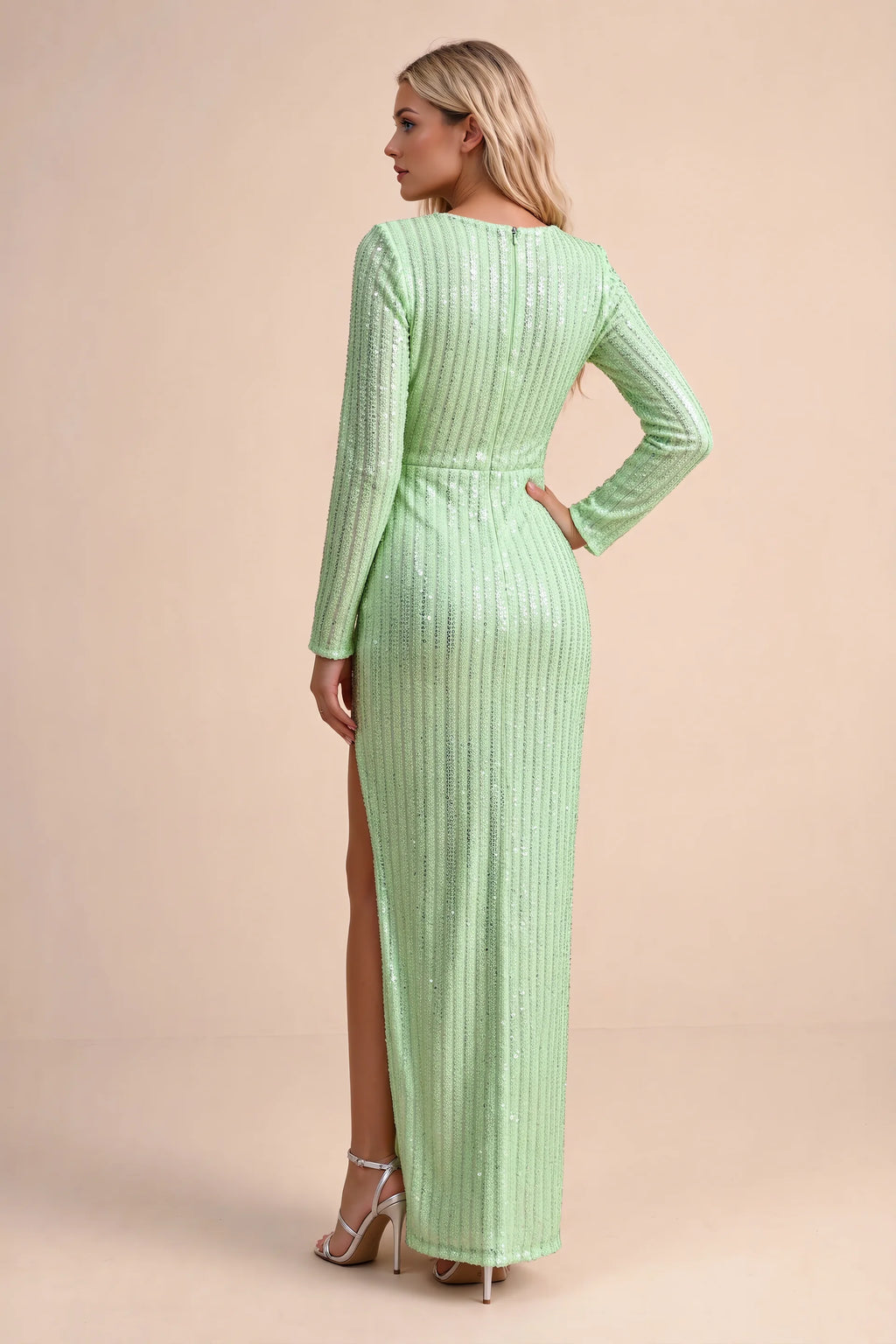 Rear studio view of Valeria light green long sleeve V-neck slit maxi dress with a long straight skirt