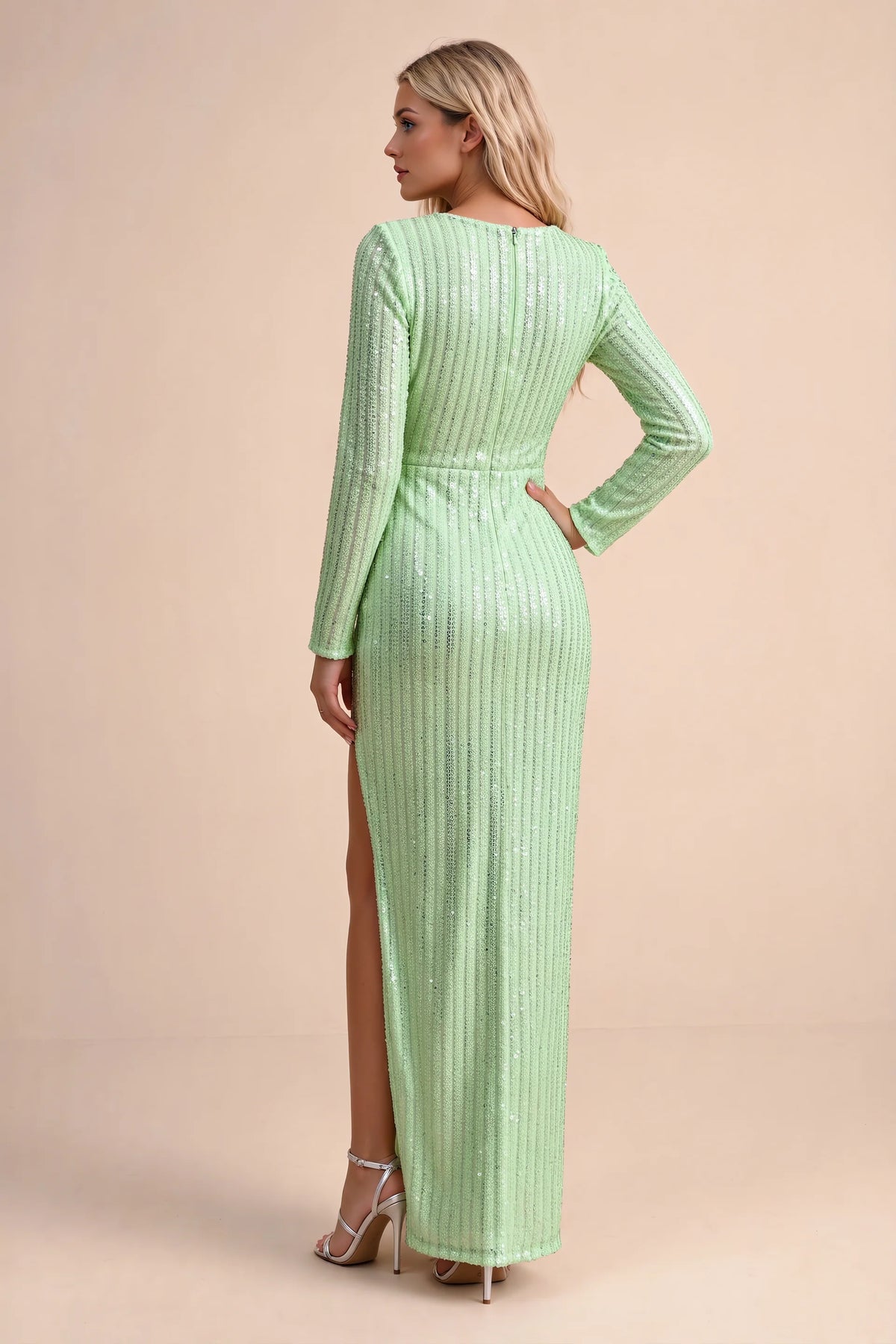 Rear studio view of Valeria light green long sleeve V-neck slit maxi dress with a long straight skirt