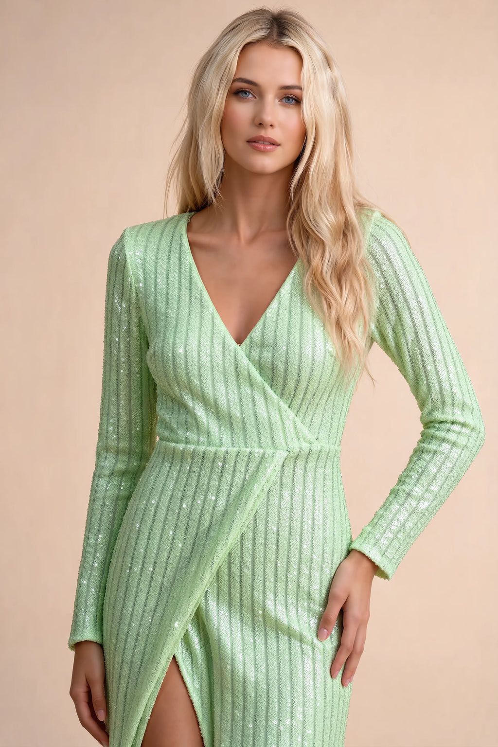 Close-up of crossover V neckline and diagonal waist folds of Valeria light green long sleeve V-neck slit maxi dress