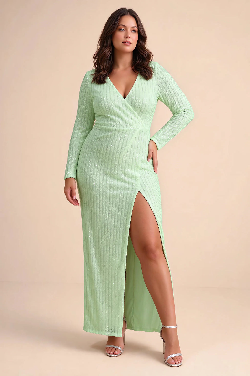 Front view on a second model of Valeria light green long sleeve V-neck slit maxi dress with a long straight skirt