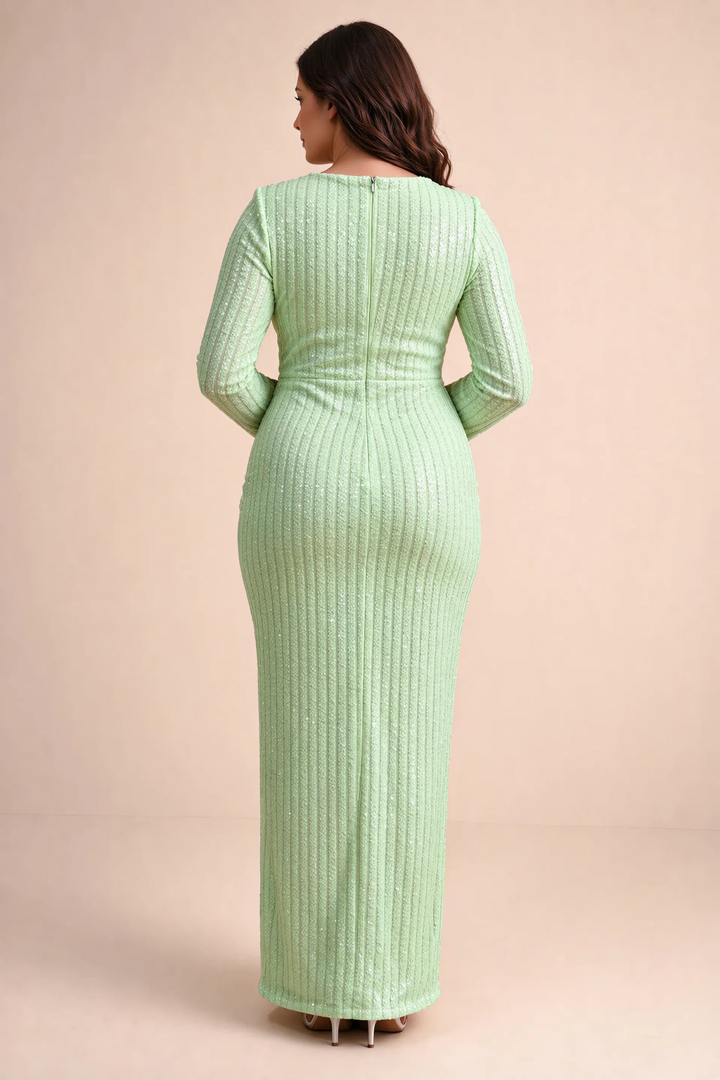 Rear view on a second model of Valeria light green long sleeve V-neck slit maxi dress with a long straight skirt