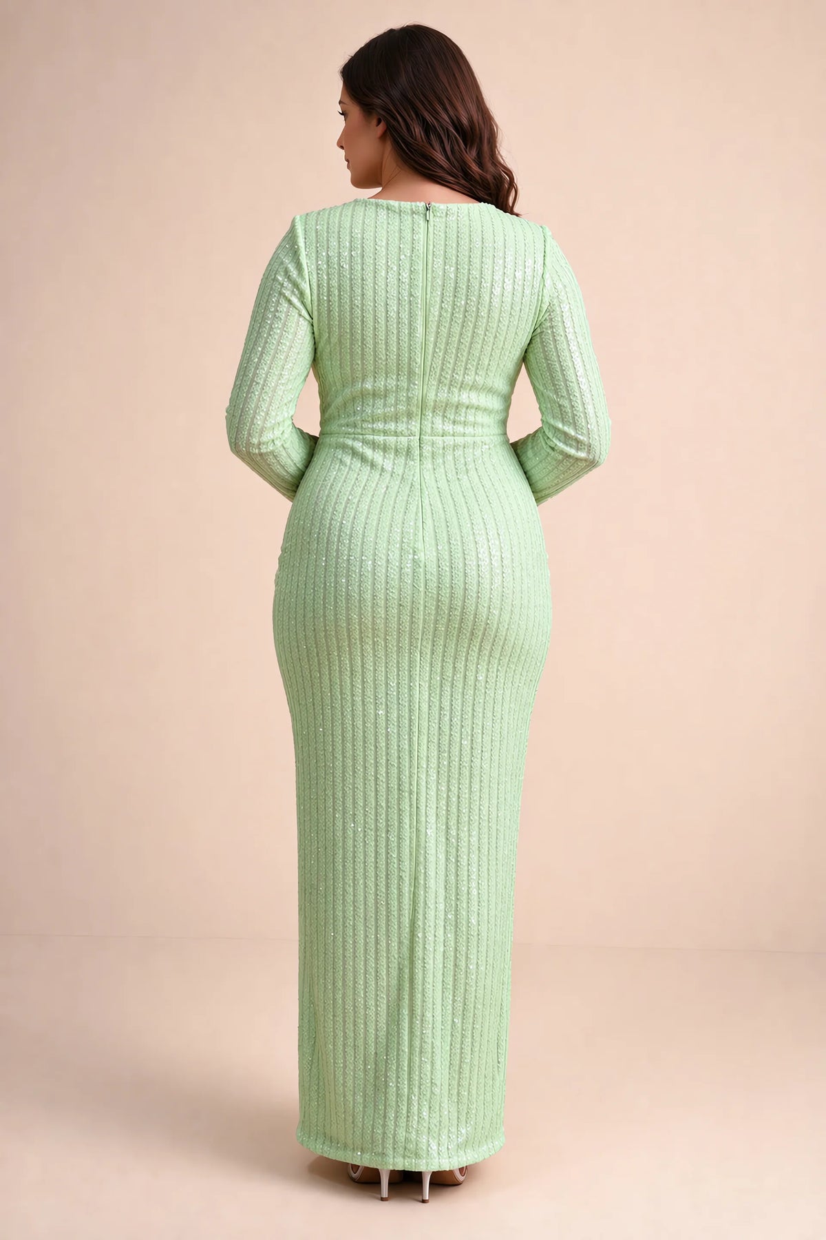 Rear view on a second model of Valeria light green long sleeve V-neck slit maxi dress with a long straight skirt