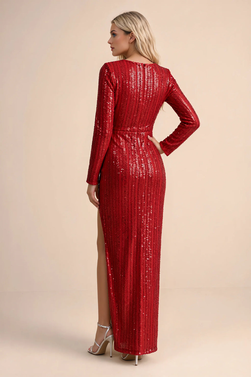 Rear studio view of Valeria red long sleeve V-neck slit maxi dress with a long straight skirt
