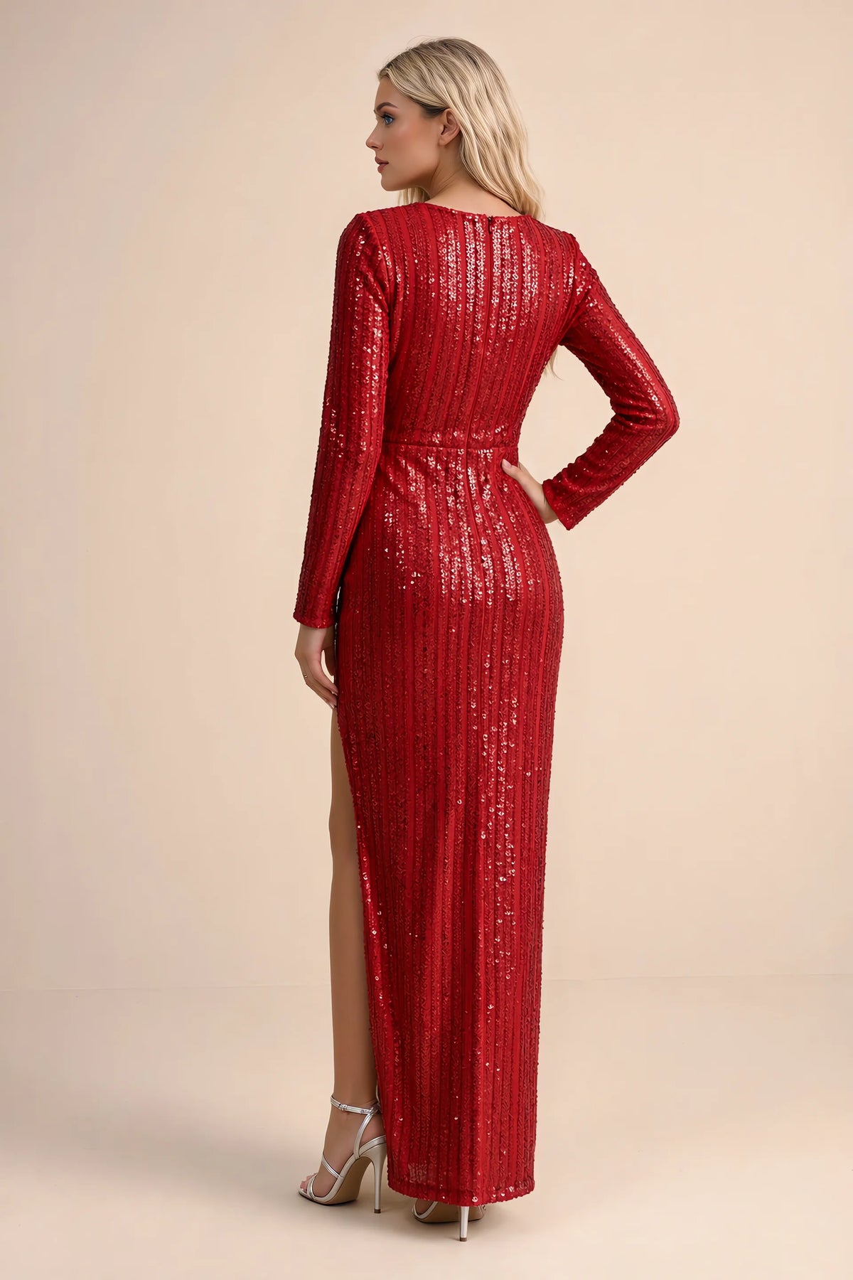 Rear studio view of Valeria red long sleeve V-neck slit maxi dress with a long straight skirt