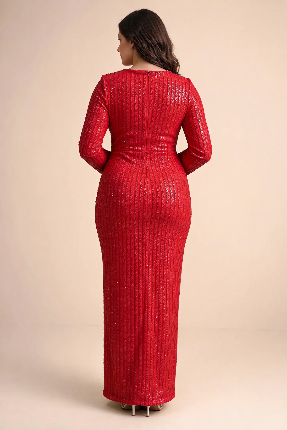 Rear view on a second model of Valeria red long sleeve V-neck slit maxi dress with a long straight skirt
