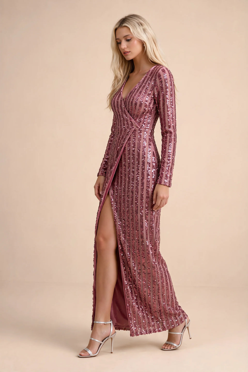 Alternate front studio view of Valeria rose gold long sleeve V-neck slit maxi dress with a long straight skirt