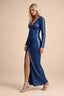 Front studio view of Valeria royal blue long sleeve V-neck slit maxi dress with a long straight skirt