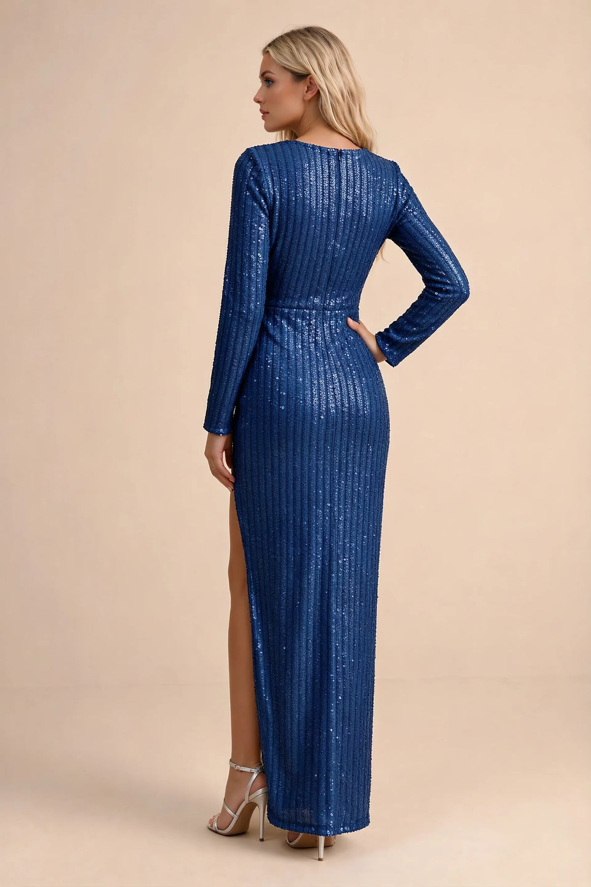 Rear studio view of Valeria royal blue long sleeve V-neck slit maxi dress with a long straight skirt