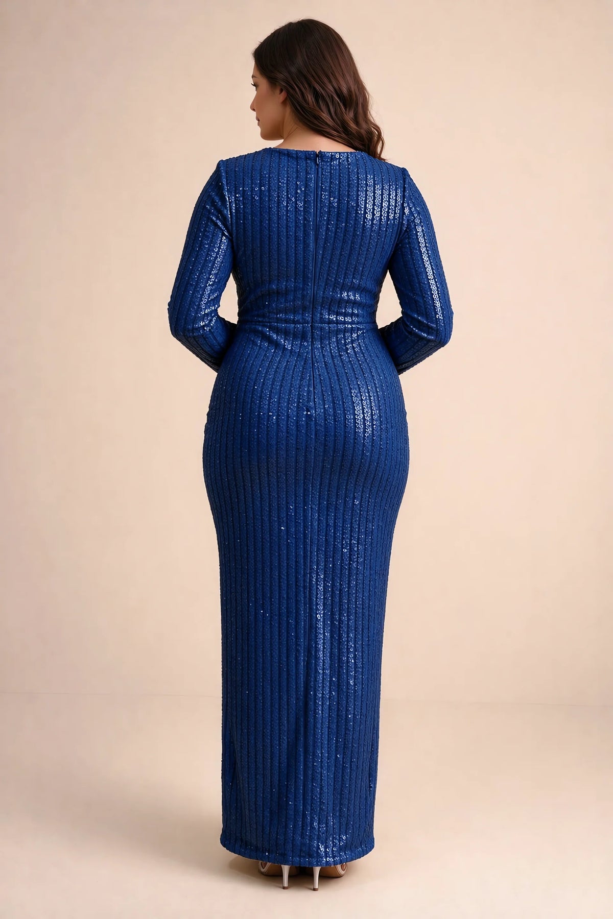Rear view on a second model of Valeria royal blue long sleeve V-neck slit maxi dress with a long straight skirt