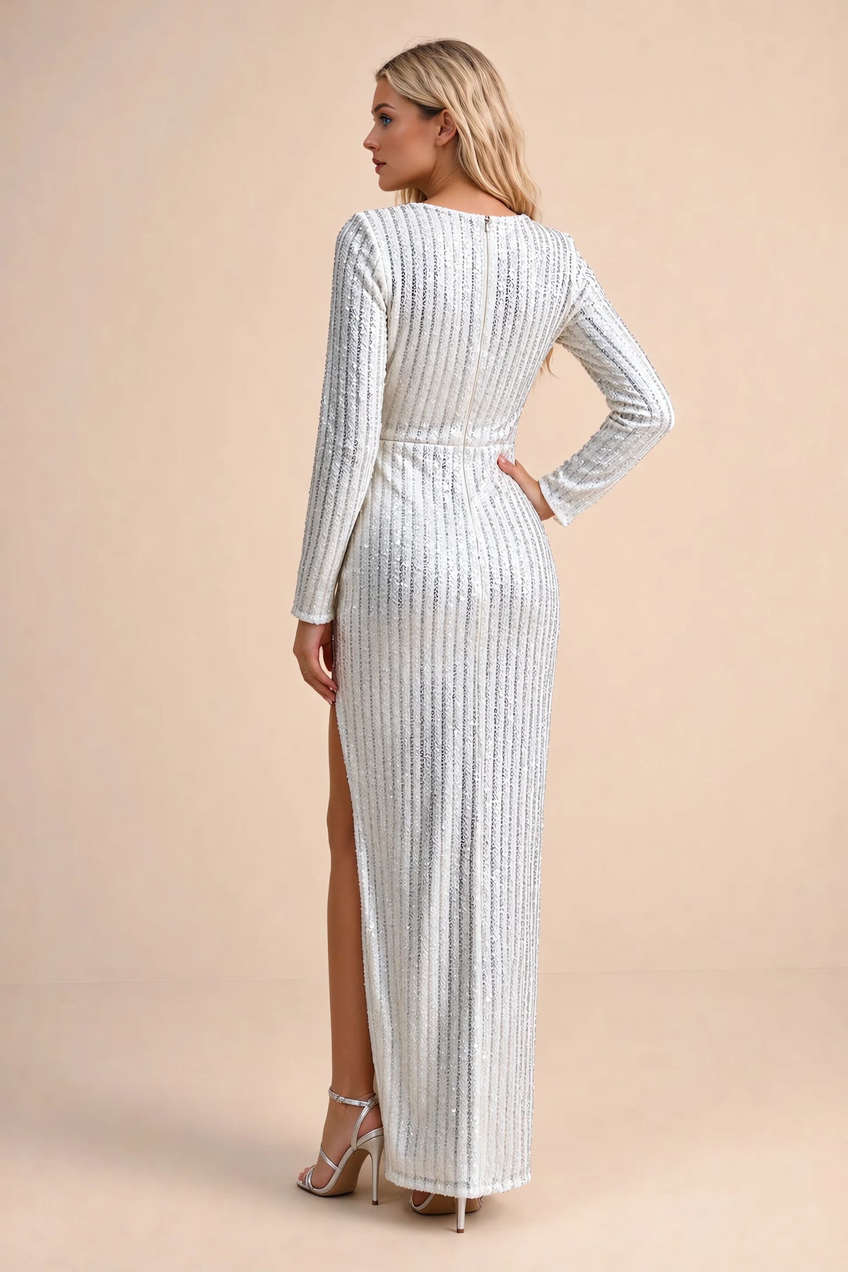 Rear studio view of Valeria silver long sleeve V-neck slit maxi dress with a long straight skirt