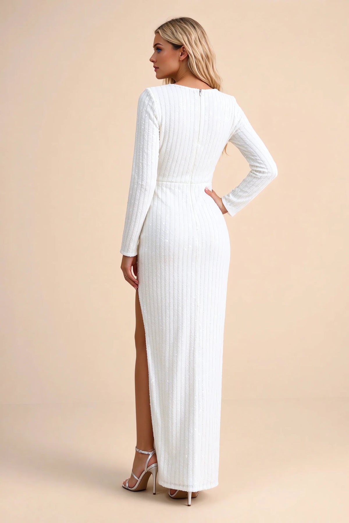 Rear studio view of Valeria white long sleeve V-neck slit maxi dress with a long straight skirt