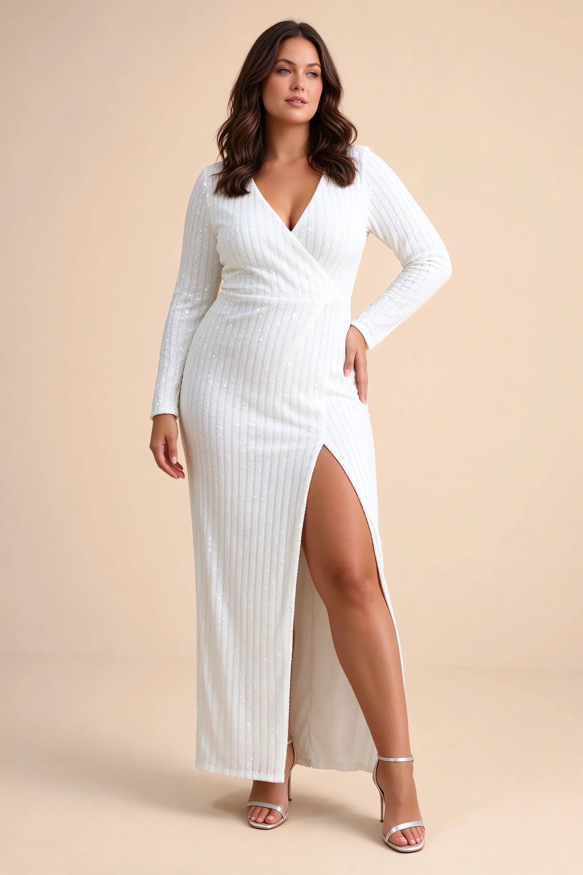 Front view on a second model of Valeria white long sleeve V-neck slit maxi dress with a long straight skirt
