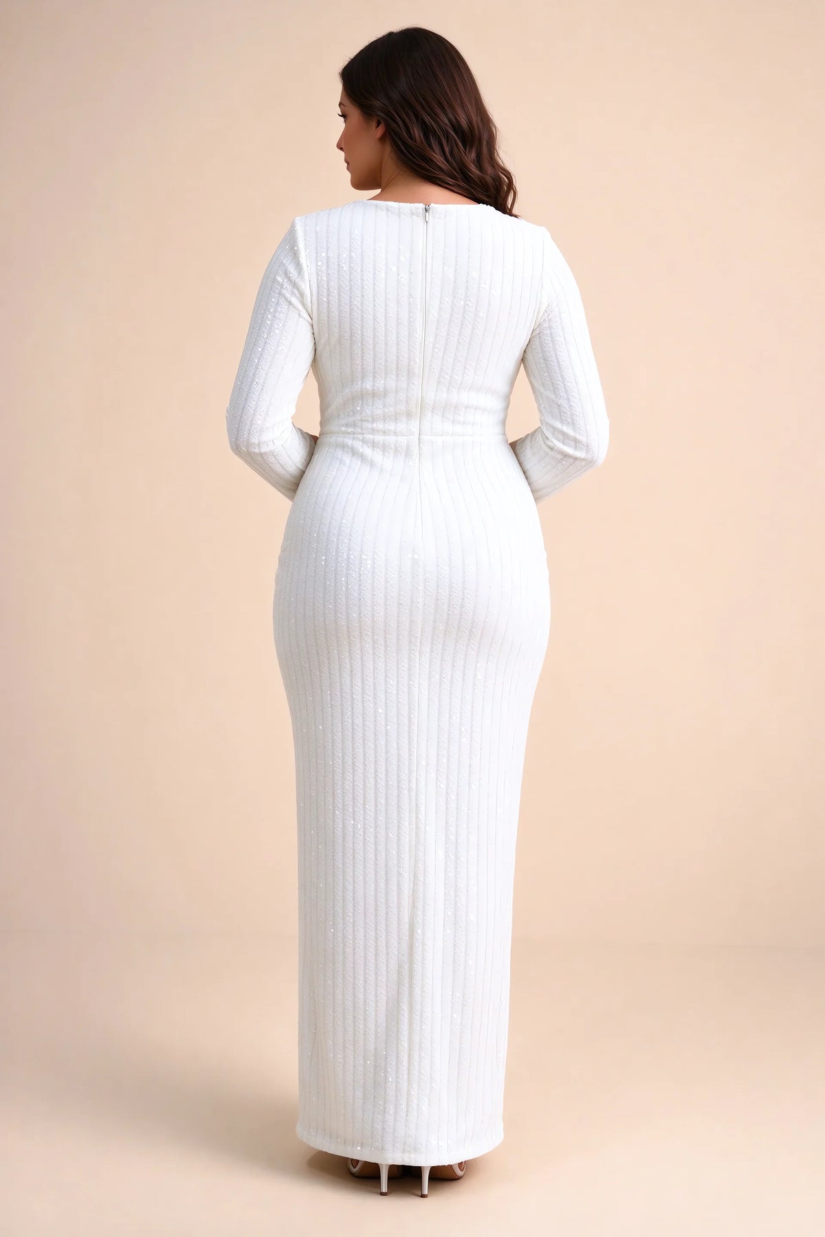 Rear view on a second model of Valeria white long sleeve V-neck slit maxi dress with a long straight skirt