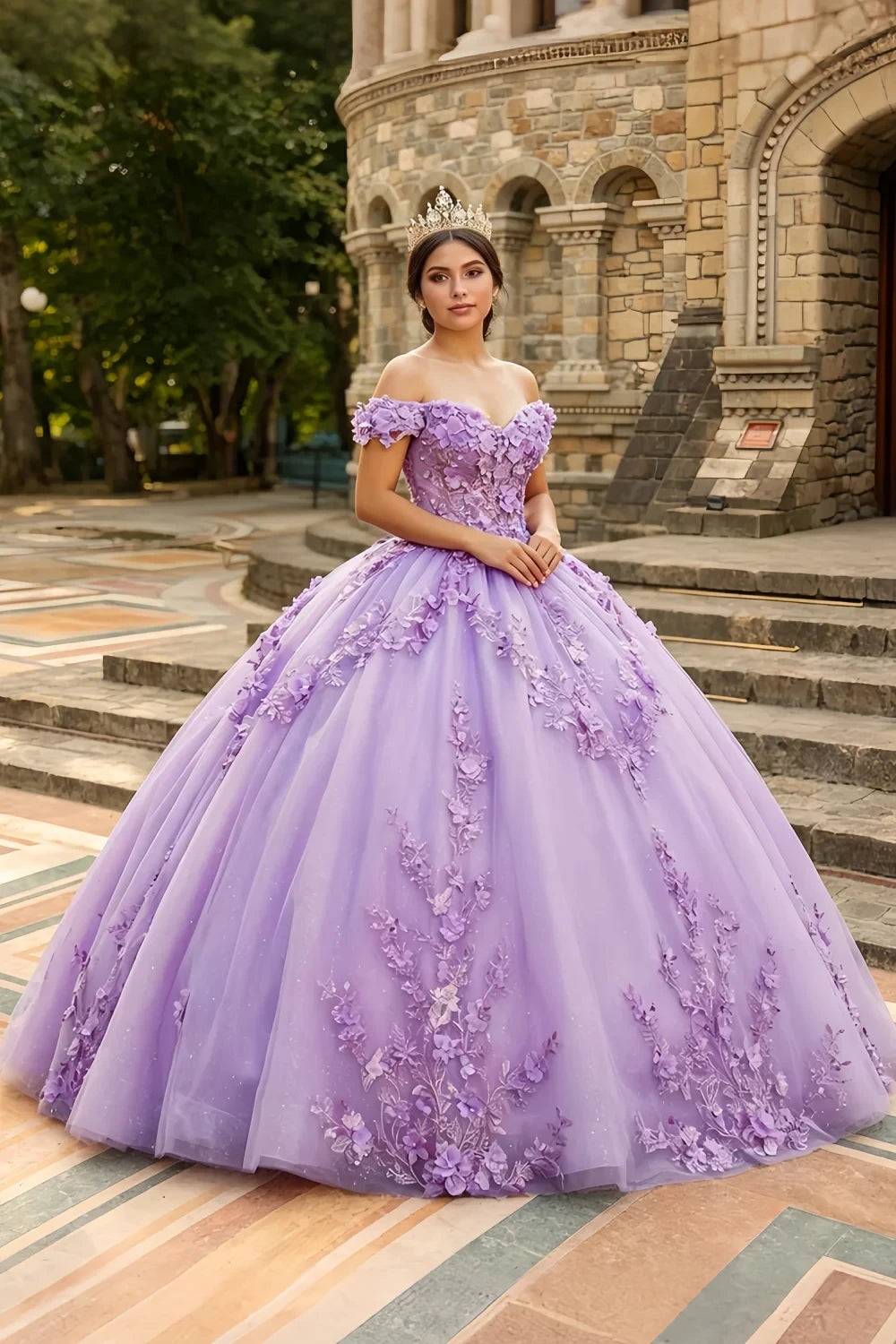 Yara Lilac Quinceanera Dresses | 3D Floral Off-Shoulder Gown