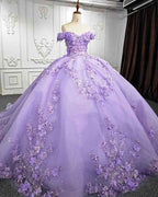 Yara Lilac Quinceanera Dresses | 3D Floral Off-Shoulder Gown