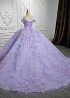 Yara Lilac Quinceanera Dresses | 3D Floral Off-Shoulder Gown