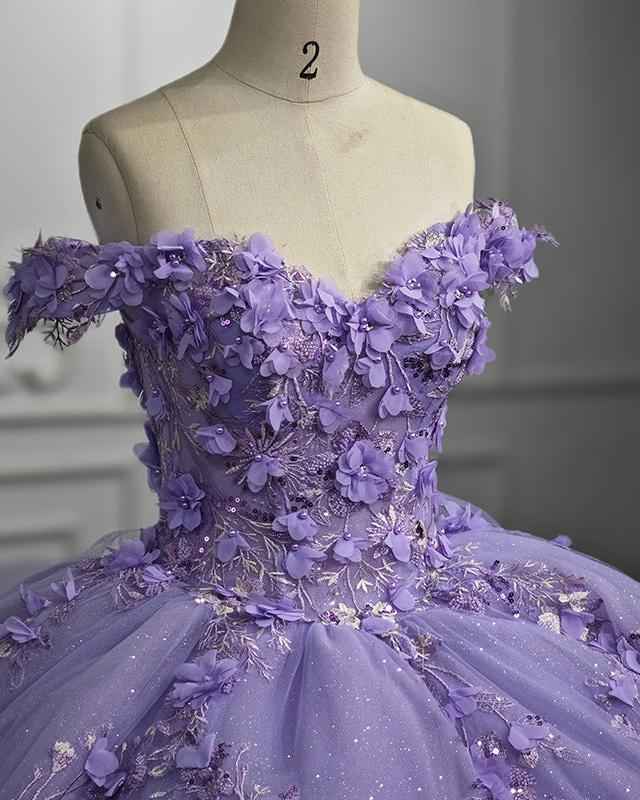 Yara Lilac Quinceanera Dresses | 3D Floral Off-Shoulder Gown