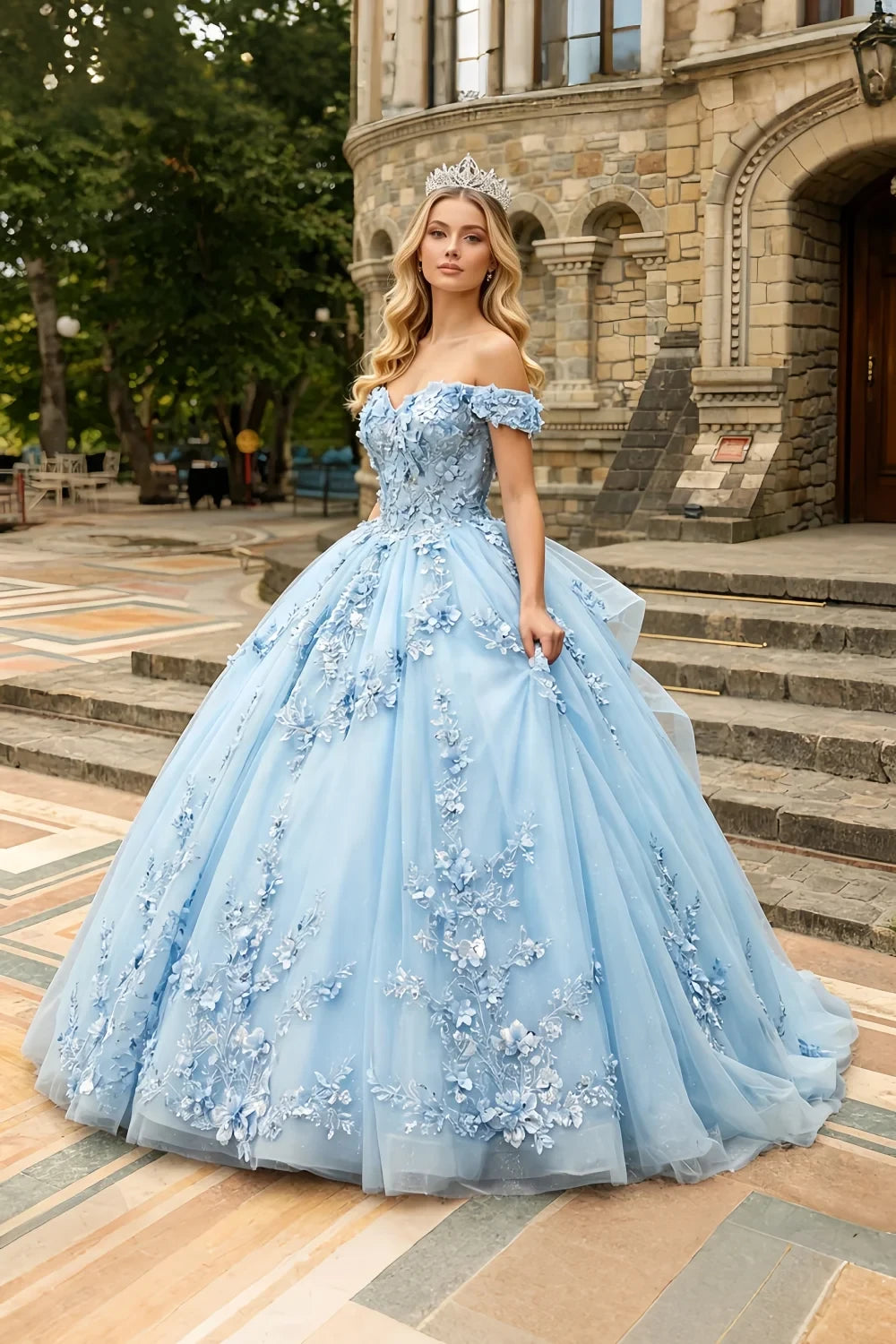 Yara Sky Blue 3D Floral Quinceanera Dresses