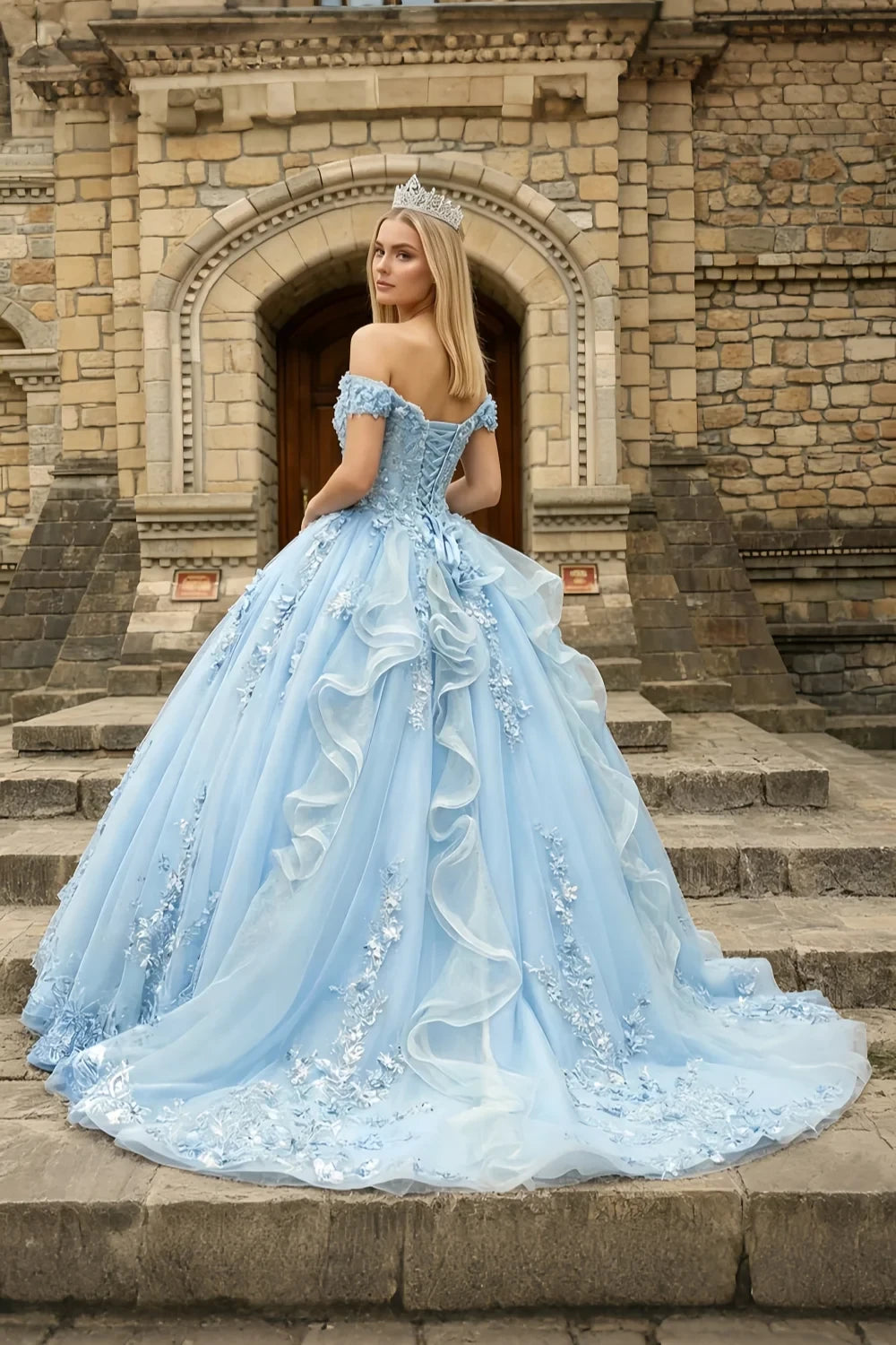 Yara Sky Blue 3D Floral Quinceanera Dresses