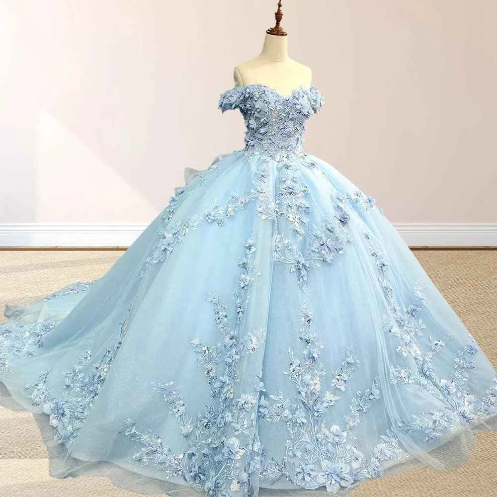 Yara Sky Blue 3D Floral Quinceanera Dresses