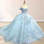 Yara Sky Blue 3D Floral Quinceanera Dresses
