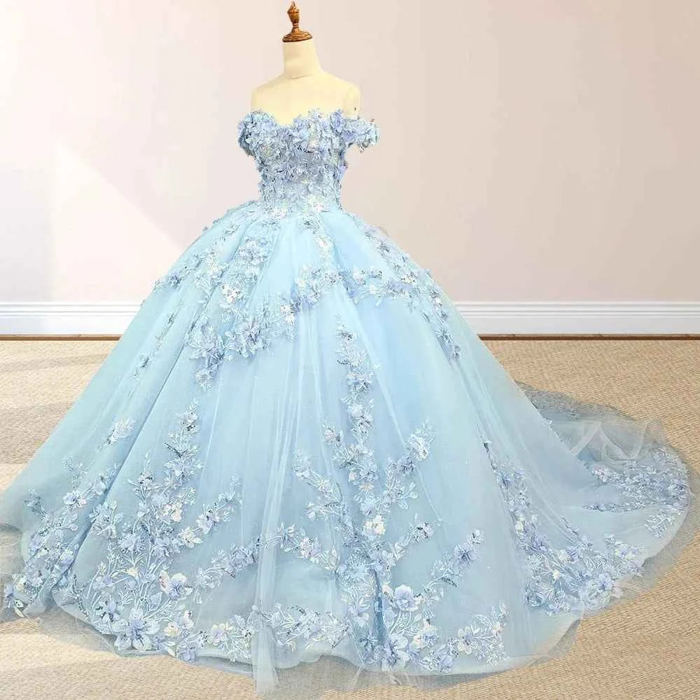 Yara Sky Blue 3D Floral Quinceanera Dresses