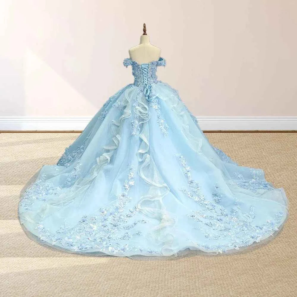 Yara Sky Blue 3D Floral Quinceanera Dresses