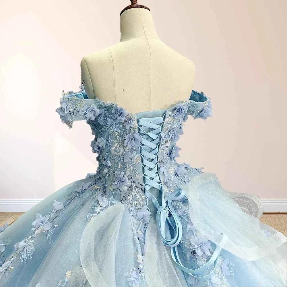 Yara Sky Blue 3D Floral Quinceanera Dresses